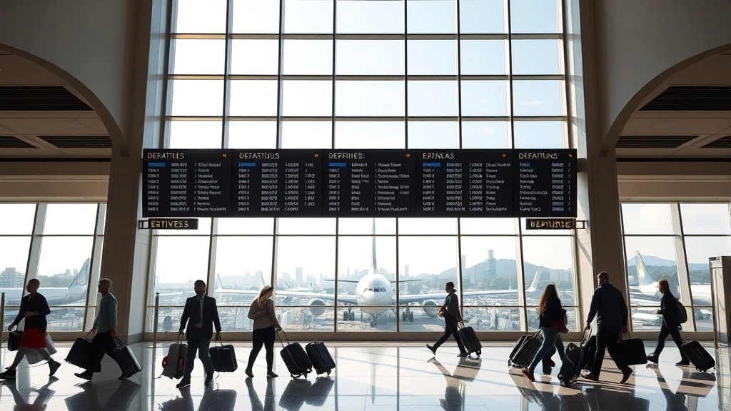 Modern airport terminal interior with departures board displaying flights, travelers with luggage, natural lighting from large windows, São Paulo cityscape visible outside, photorealistic travel photography
