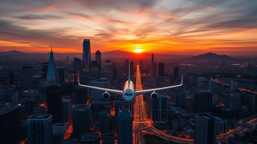 Aerial view of São Paulo skyline during golden hour sunset, modern skyscrapers and urban landscape, commercial aircraft approaching landing, vibrant city lights beginning to illuminate, photorealistic aviation perspective