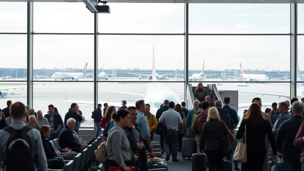 Busy international airport gate area with passengers boarding, modern aircraft visible through windows, departure lounge seating, diverse travelers with carry-on luggage, professional travel environment photography