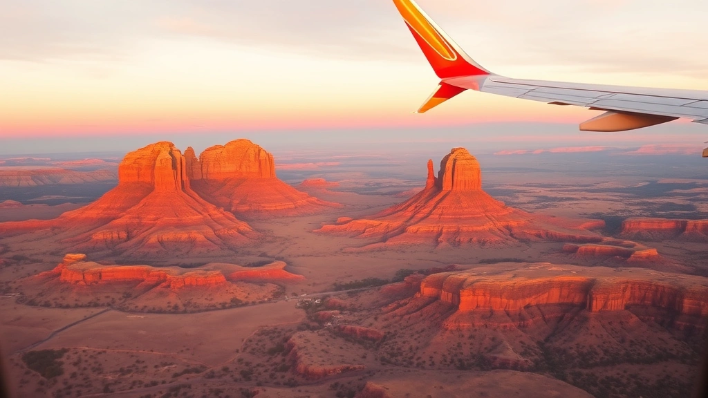 Aerial view of Sedona red rock formations and Cathedral Rock from airplane window at sunset with desert landscape below