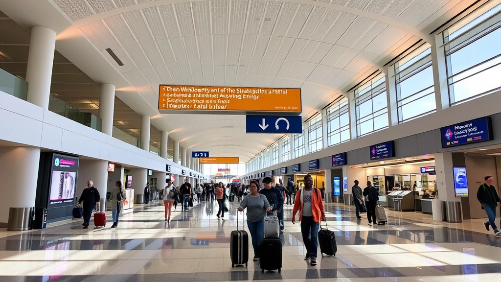 Phoenix Sky Harbor International Airport modern terminal interior with travelers walking with luggage and information displays