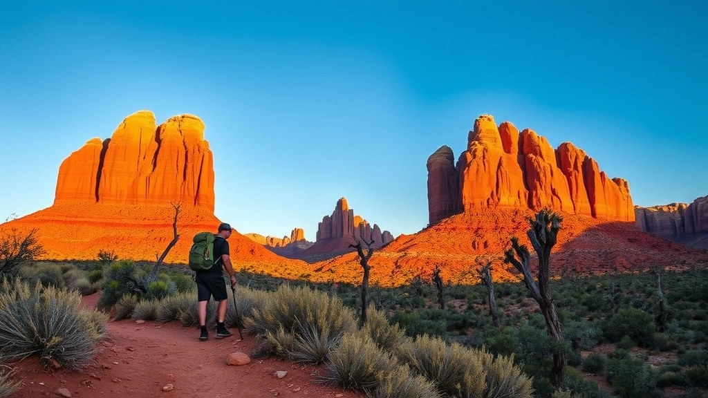 Hiker on Cathedral Rock trail with dramatic red rock formations and blue Arizona sky in background during golden hour