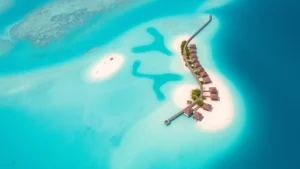 Aerial view of turquoise Maldivian lagoon with white sandy islands and overwater bungalows, crystal clear water, tropical paradise landscape, bright daylight, photorealistic