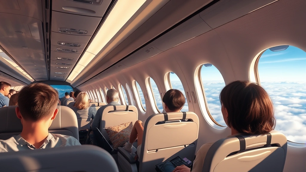 Modern aircraft cabin interior during flight, passengers relaxing in seats, window view of clouds and sky, comfortable long-haul flight experience, photorealistic