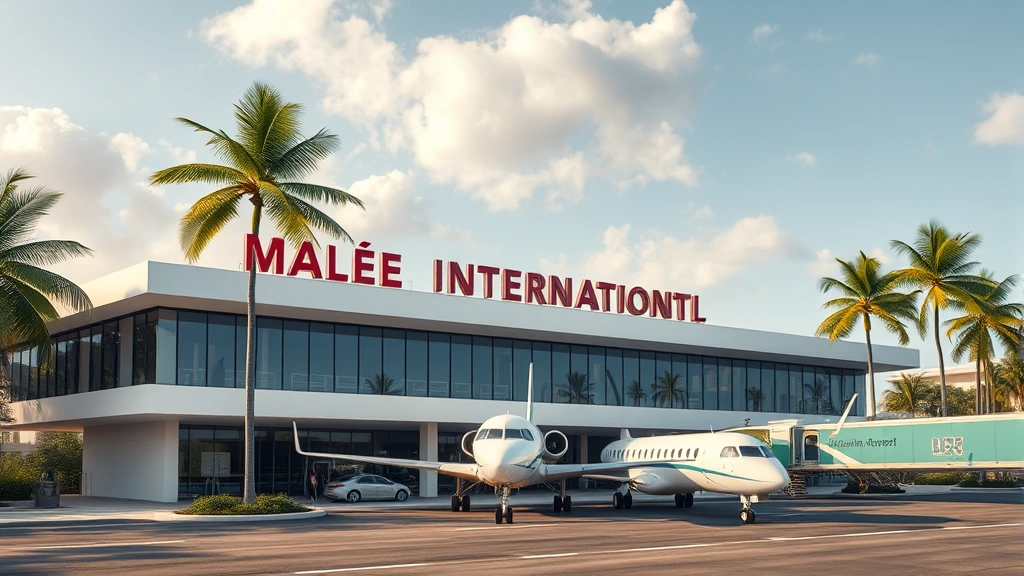 Malé International Airport terminal building exterior, tropical setting with palm trees, aircraft at gate, modern airport infrastructure, sunny day, photorealistic
