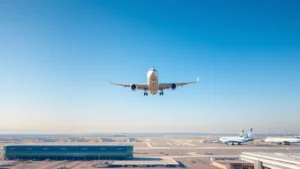 Modern commercial aircraft ascending into clear blue sky above a bustling international airport terminal with multiple runways visible below, showing contemporary aircraft design and aviation infrastructure