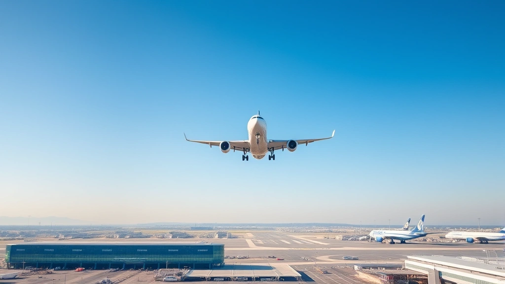 Modern commercial aircraft ascending into clear blue sky above a bustling international airport terminal with multiple runways visible below, showing contemporary aircraft design and aviation infrastructure