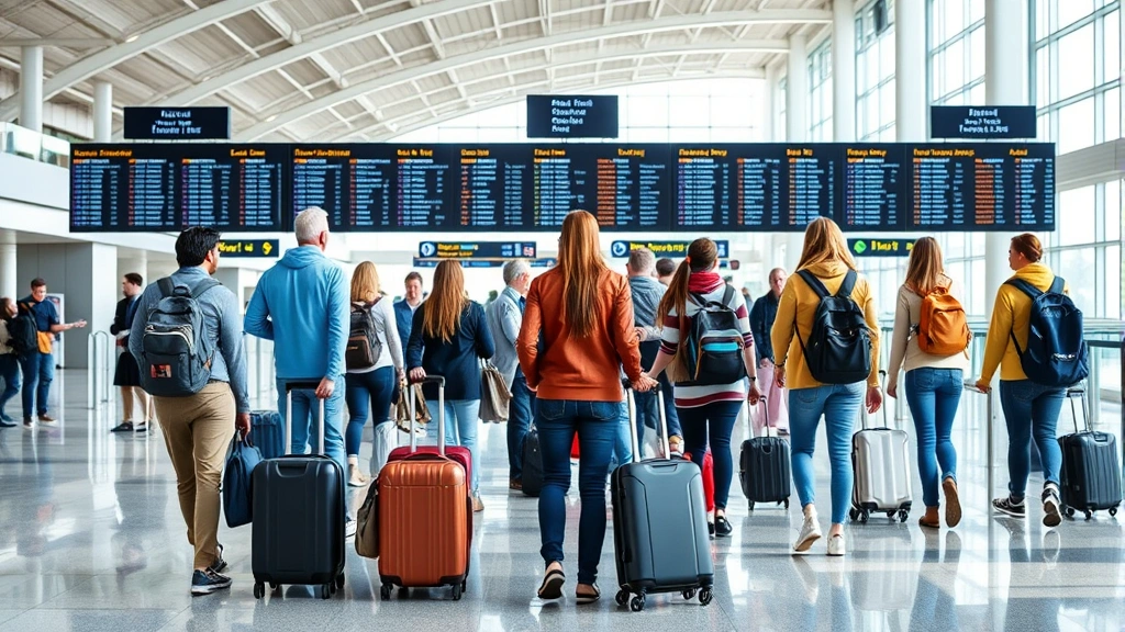 Diverse group of travelers with luggage in modern airport terminal departure hall with digital flight information displays, natural lighting, and contemporary airport architecture