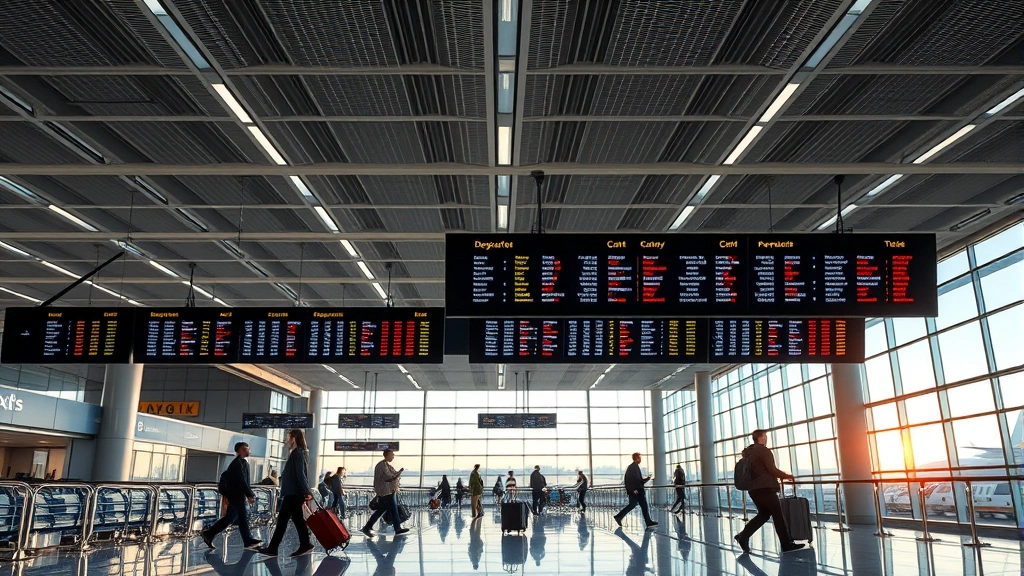 Modern airport terminal interior with departure boards and travelers with luggage, professional aviation photography