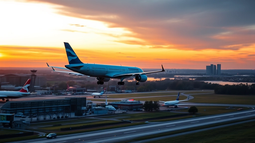 Professional photograph of an airplane taking off from Reagan National Airport in Washington DC during golden hour sunset, with the Potomac River and DC skyline visible in the background, high-quality DSLR photography
