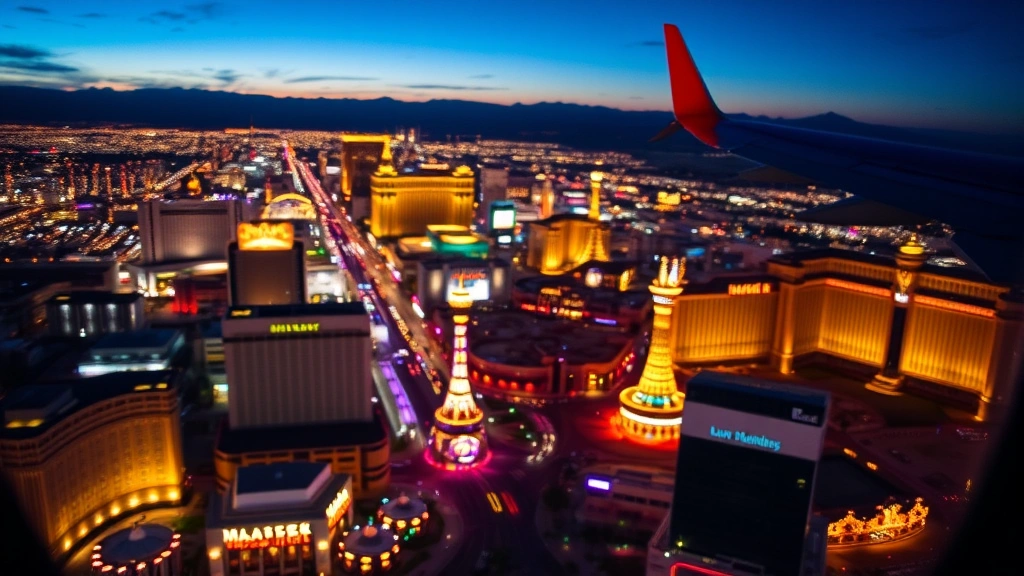 Vibrant aerial photograph of Las Vegas Strip at night from airplane window, showing the bright lights of casinos and hotels, realistic night photography with depth of field