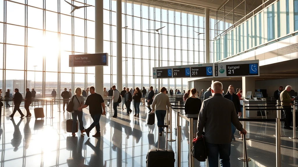 Denver International Airport modern terminal interior with travelers checking in, natural daylight streaming through windows, professional travel photography