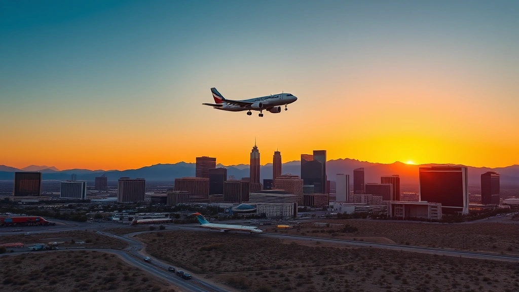 Las Vegas skyline at sunset with commercial airplane descending toward Harry Reid Airport, desert landscape below, golden hour lighting