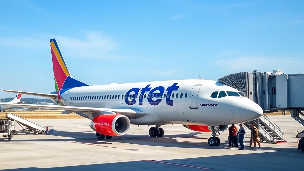 Budget airline aircraft (Frontier or Southwest) parked at gate with passengers boarding through jet bridge, clear blue sky background, realistic airport tarmac setting