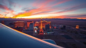 Aerial view of Las Vegas Strip at sunset with bright neon lights and desert landscape, commercial airplane wing visible in foreground, photorealistic travel photography
