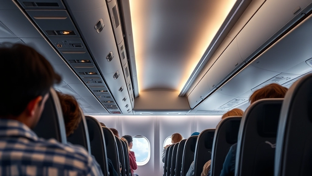 Modern airplane cabin interior with passengers seated, overhead bins, aisle view, comfortable economy seating, natural window lighting showing clouds outside, realistic commercial flight experience