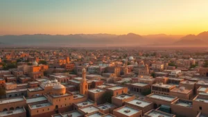 Aerial view of Sana'a cityscape with traditional architecture and mountains in background, golden hour lighting, photorealistic