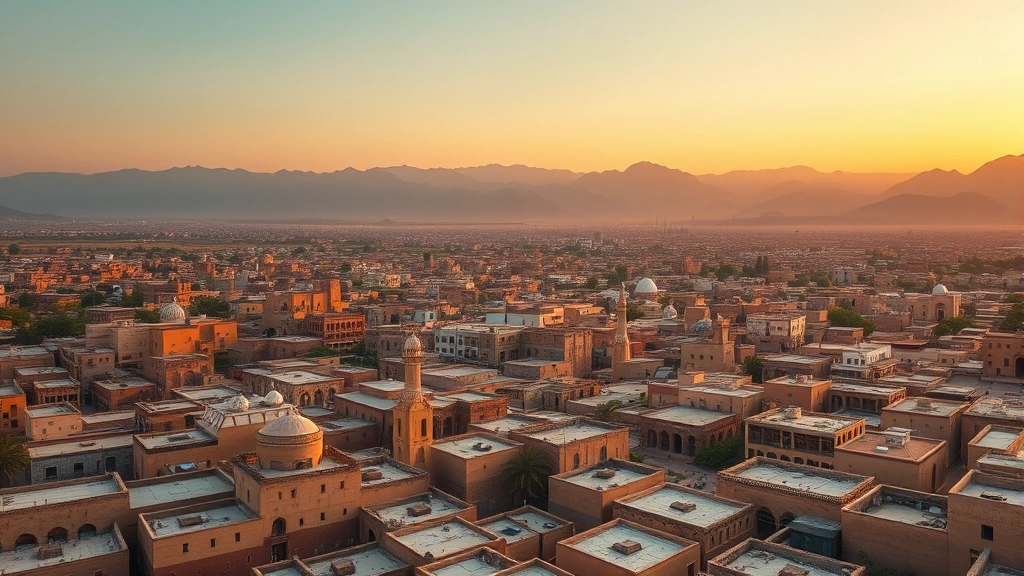 Aerial view of Sana'a cityscape with traditional architecture and mountains in background, golden hour lighting, photorealistic