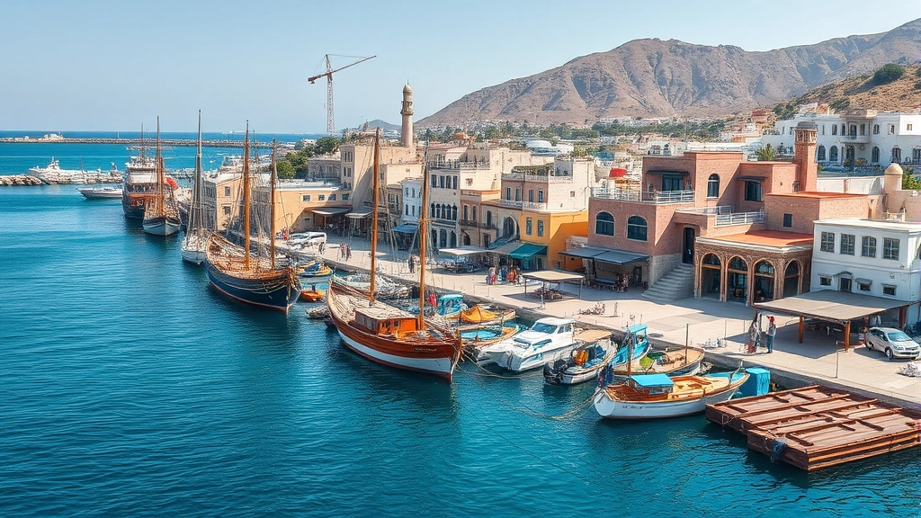 Aden harbor waterfront with coastal buildings and ships, Mediterranean-style architecture, natural daylight, photorealistic landscape
