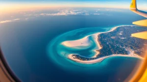 Aerial view of Zanzibar island with white sandy beaches, turquoise Indian Ocean waters, and lush green vegetation, photographed from airplane window during golden hour sunset