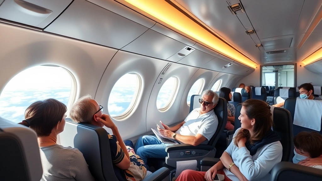 Modern aircraft cabin interior showing passengers relaxing during long-haul flight with window views of clouds and horizon, comfortable seating and in-flight service