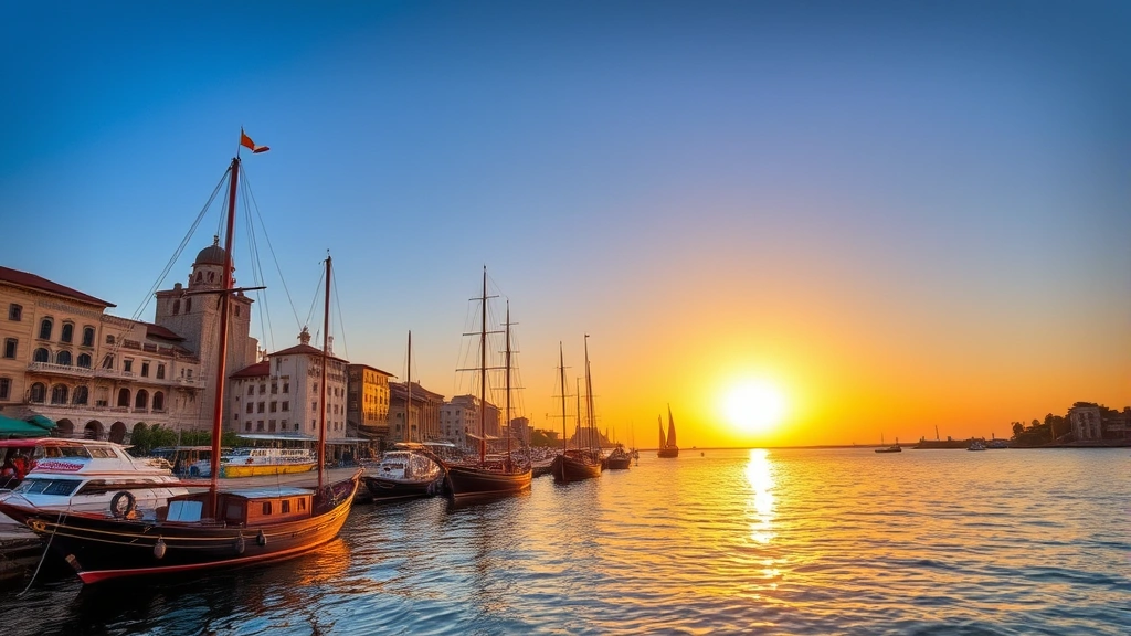 Zanzibar Stone Town waterfront with traditional dhow sailing boats, historic architecture, and bustling harbor at sunset with calm ocean waters reflecting golden light