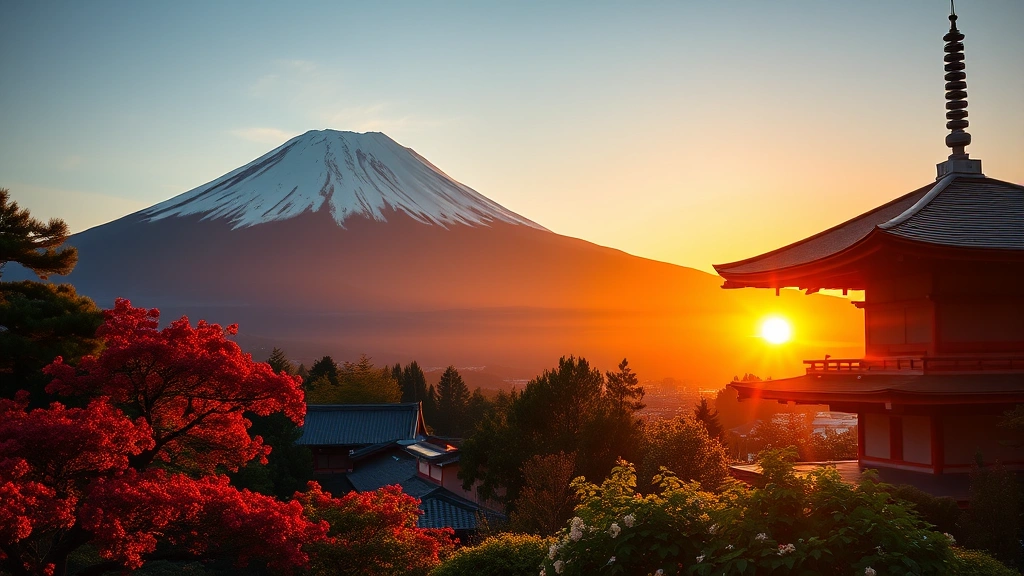 Mount Fuji snow-capped peak at sunrise with Japanese garden in foreground, vibrant colors, clear morning light, travel photography style
