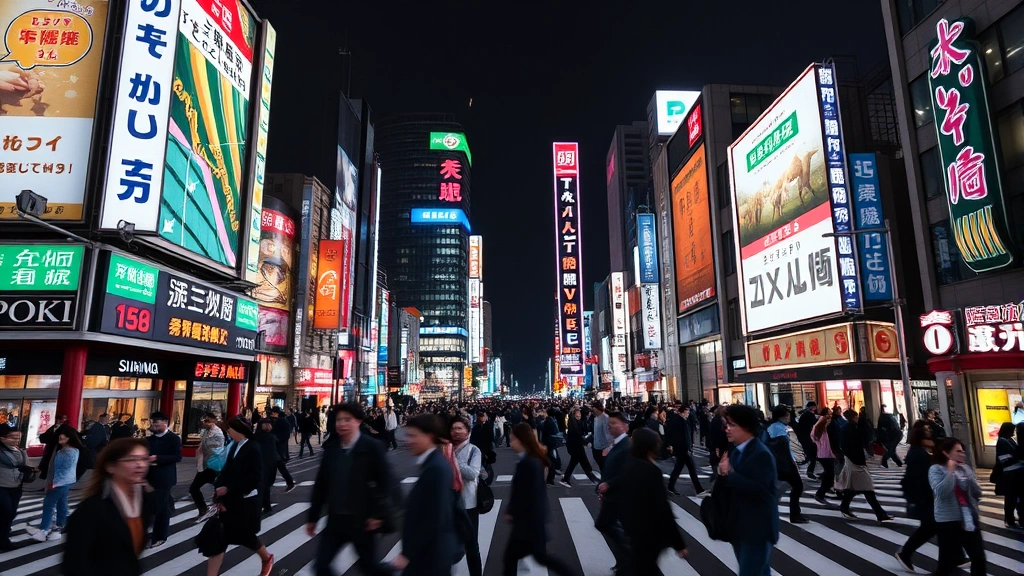 Busy Shibuya Crossing Tokyo intersection at night with neon signs and crowds crossing, dynamic urban travel scene, photography style