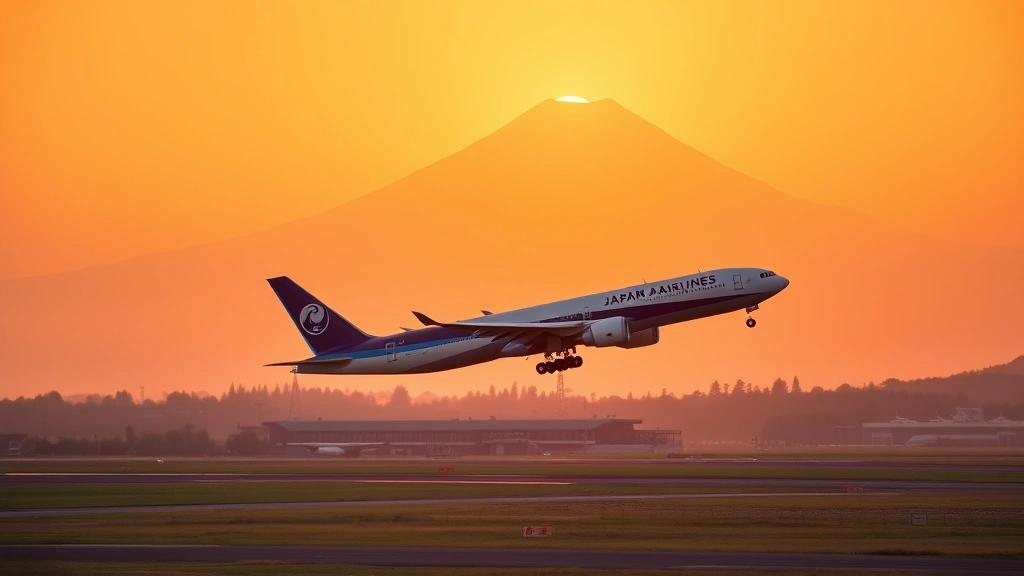 Japanese Airlines or ANA aircraft taking off from runway at golden hour with Mount Fuji visible in distant background, travel aviation photography