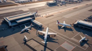 Aerial view of Fresno Yosemite International Airport with commercial aircraft parked at gates, morning sunlight casting shadows on tarmac, modern airport terminal buildings visible