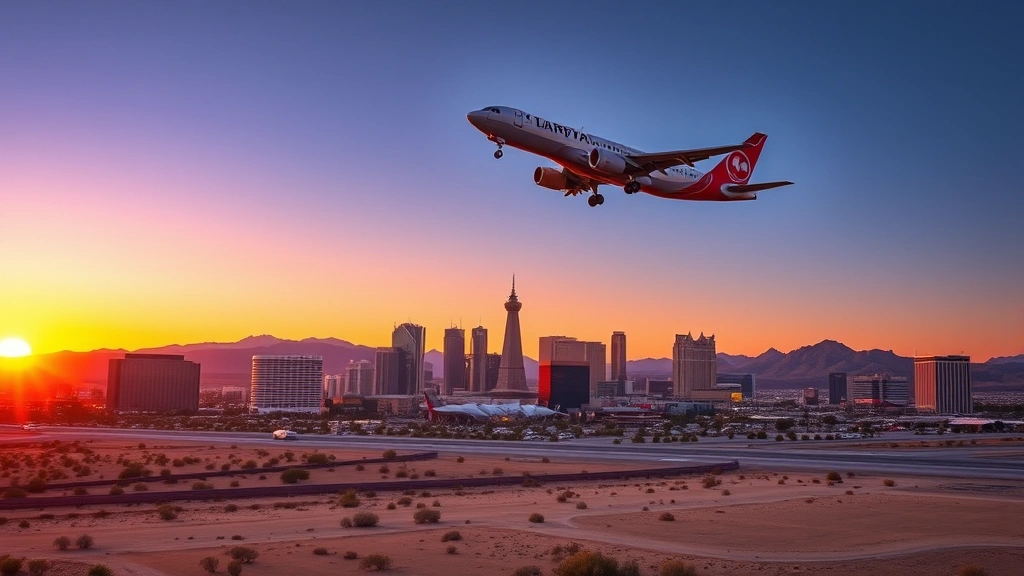 Las Vegas skyline at sunset with commercial airplane approaching Harry Reid International Airport, desert landscape below, aircraft silhouetted against orange sky