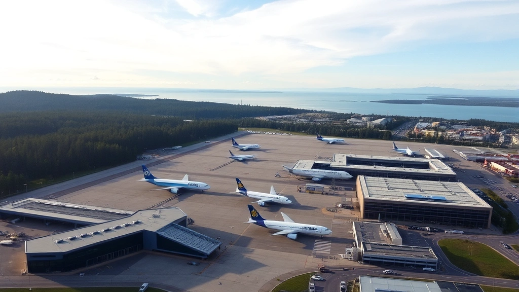 Aerial view of Seattle-Tacoma International Airport with Boeing aircraft at gates, modern terminal buildings, surrounding forests and Puget Sound in background, daytime photography, professional aviation perspective