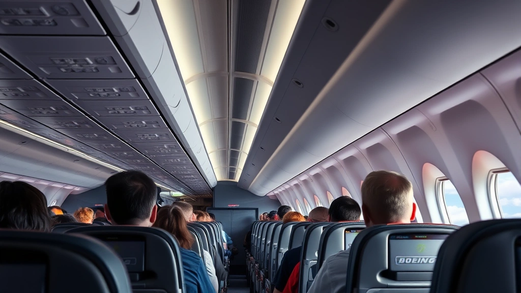 Interior of modern Boeing 737 cabin during flight with passengers seated, overhead bins, aisle view, natural window light showing clouds, realistic commercial airline seating, professional travel photography