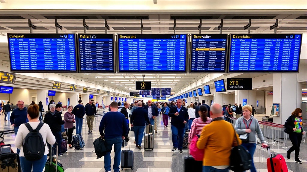 Busy airport terminal interior showing departure boards, travelers with luggage, and gate areas at Cincinnati/Northern Kentucky International Airport during daytime
