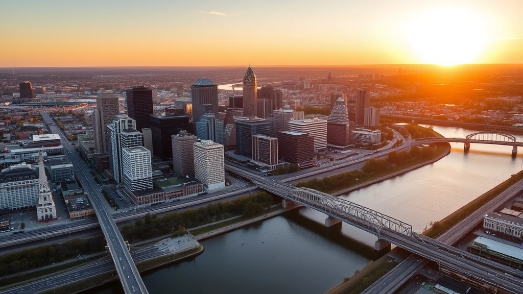 Aerial landscape view of Cincinnati skyline with river and surrounding cityscape at golden hour sunset, showing urban area and transportation infrastructure