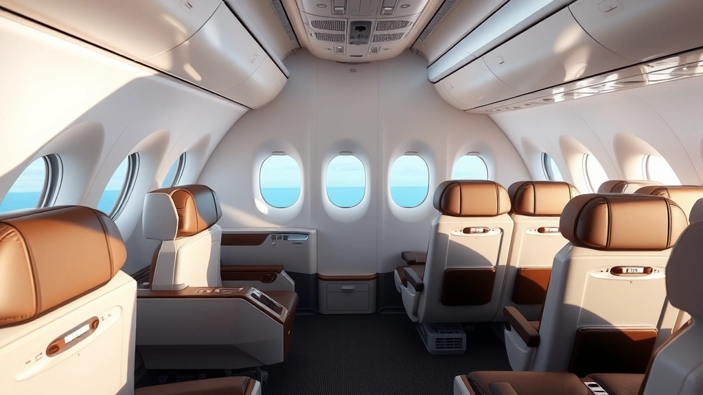 Wide-body jet aircraft cabin interior during flight showing comfortable passenger seating, window seats with ocean view, and modern aircraft design, daytime lighting
