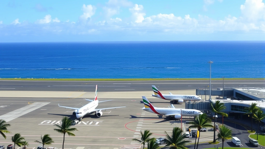 Honolulu International Airport tarmac with multiple commercial aircraft parked at gates, palm trees visible, tropical Hawaiian setting with ocean in background