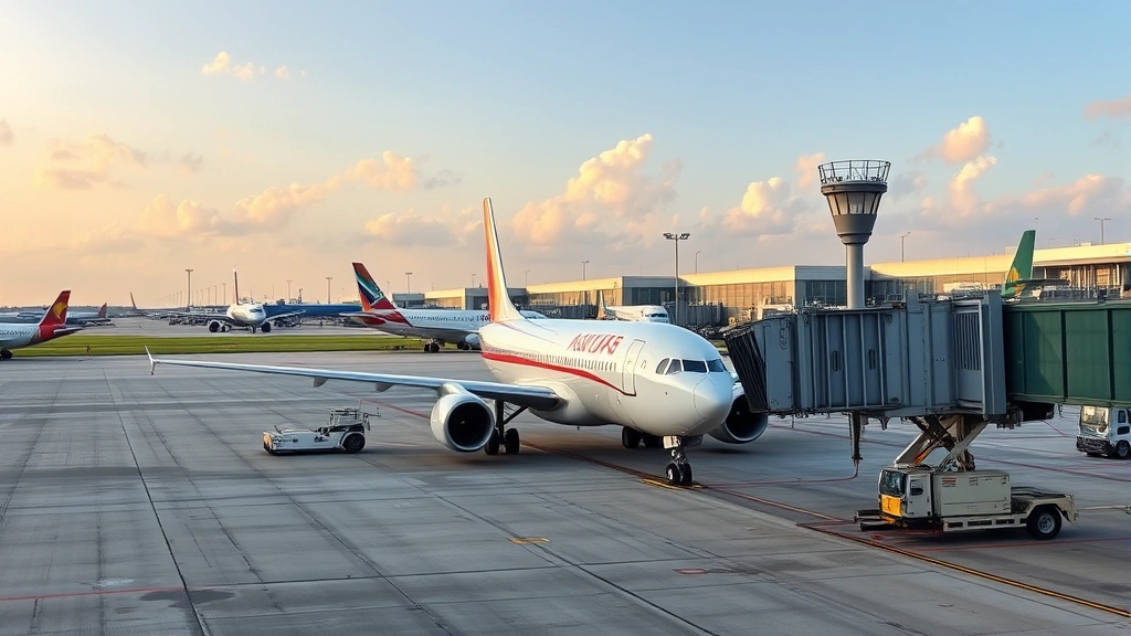 Commercial aircraft parked at Houston airport gate during afternoon with clear tarmac and ground crew visible, realistic airport operations scene