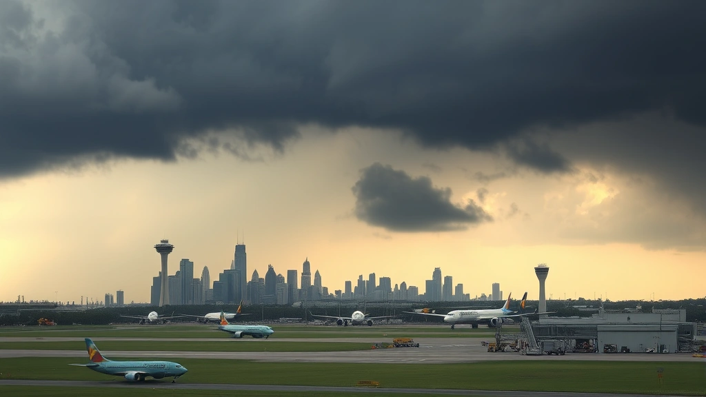 Dark storm clouds approaching Houston skyline over airport runways with ground equipment and control tower visible in distance, dramatic weather conditions