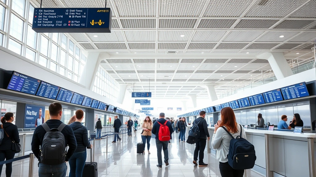 Passengers checking flight information at modern airport terminal with departure boards and airline counters, typical traveler experience scene