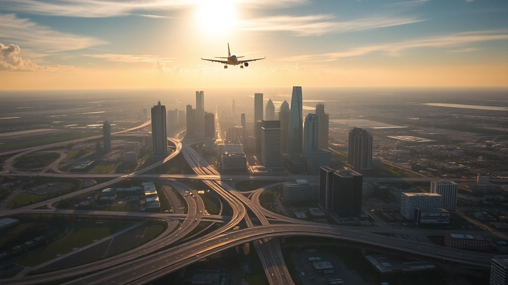 Aerial view of Houston skyline with commercial aircraft approaching in morning sunlight, cityscape with highways and buildings visible below