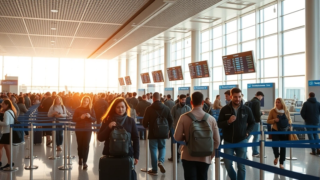 Busy modern airport terminal interior with travelers checking in at counters, departure boards displaying flight information, natural lighting from windows