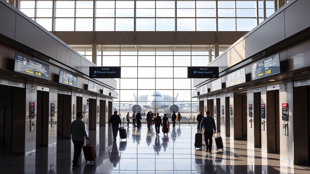 Atlanta Hartsfield-Jackson airport concourse with gates, passengers walking with luggage, aircraft visible through windows, contemporary terminal design