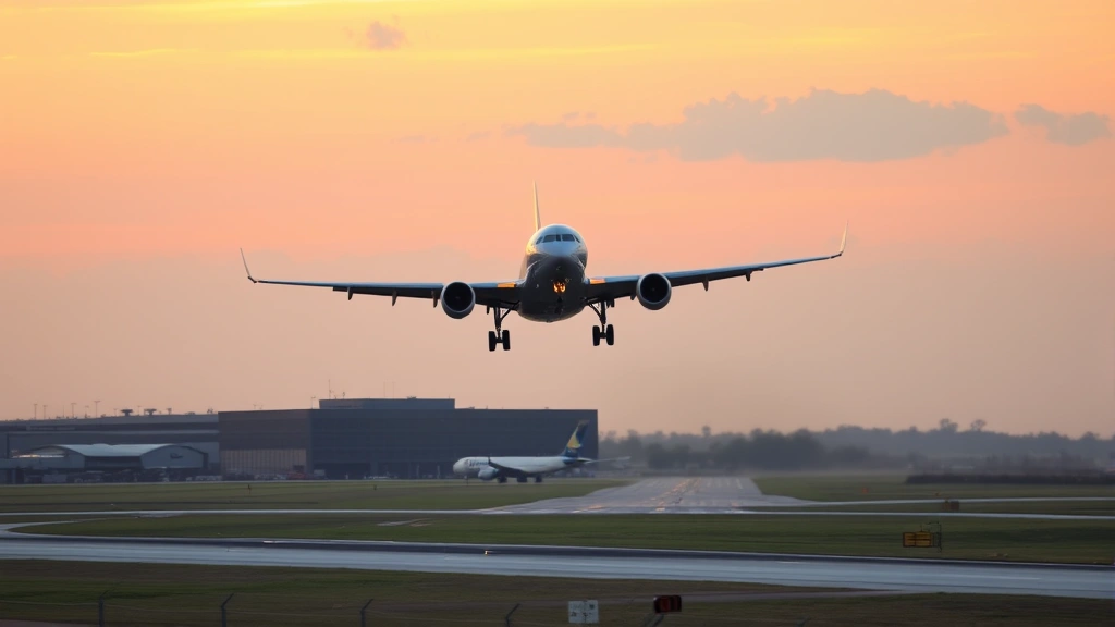 Modern commercial aircraft taking off from Houston airport runway at sunrise, with Texas landscape visible below, professional travel photography