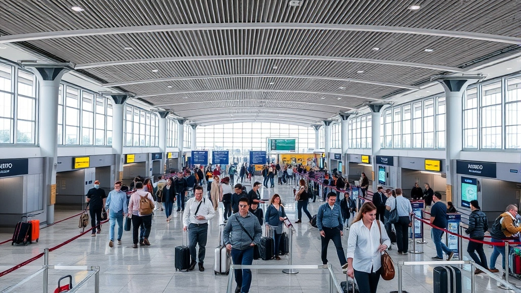 Busy airport terminal interior showing passengers at gates and security checkpoints, modern architecture with natural lighting, authentic airport environment