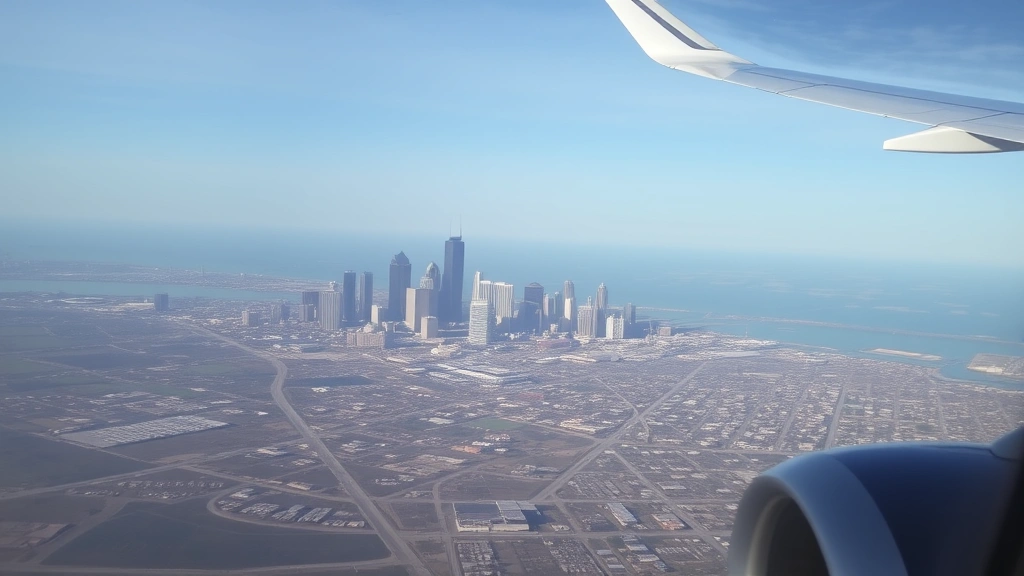 Dallas skyline and downtown area viewed from airplane window during approach, urban landscape with clear visibility, travel perspective