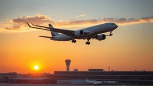 Modern commercial jet landing at Detroit Metropolitan Airport during golden hour sunset, with airport ground infrastructure visible below, realistic photography style