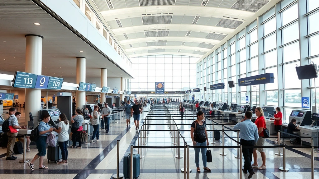 Houston Intercontinental Airport departure terminal interior showing travelers at check-in counters and security lanes, bright modern architecture with natural light, candid travel photography