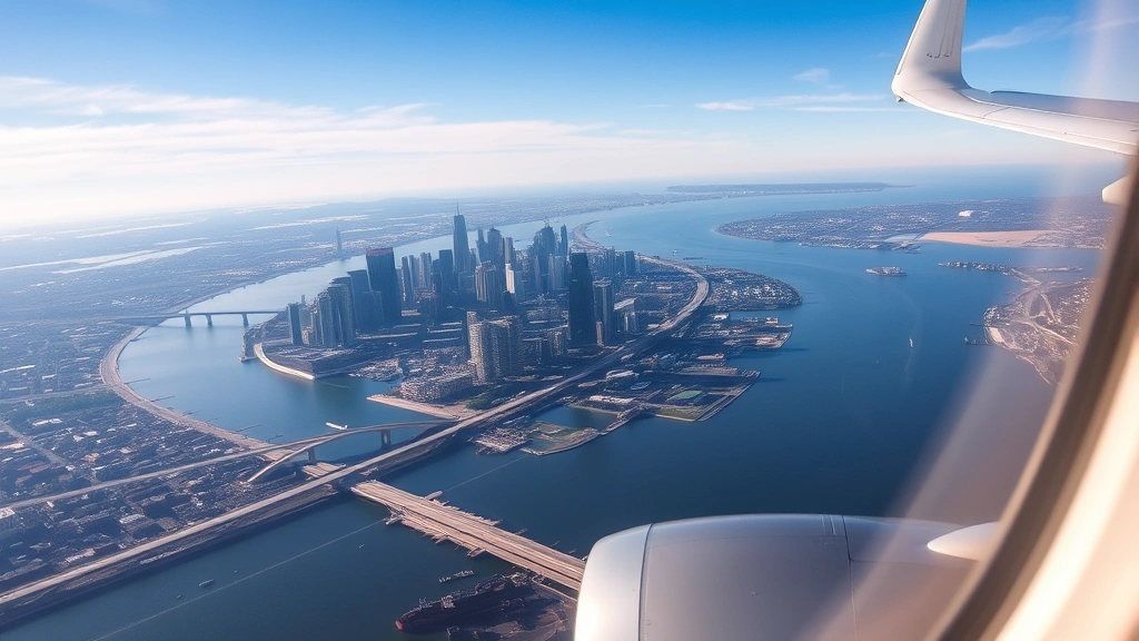 Aerial view of Detroit skyline and Detroit River from airplane window during daytime flight, modern urban landscape with clearly visible landmarks, photorealistic travel photography