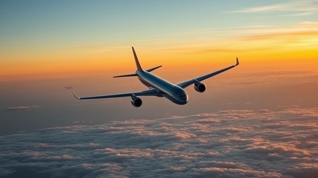Modern wide-body aircraft in flight over Atlantic Ocean with sunset and cloud formations below, showing airplane silhouette against golden sky